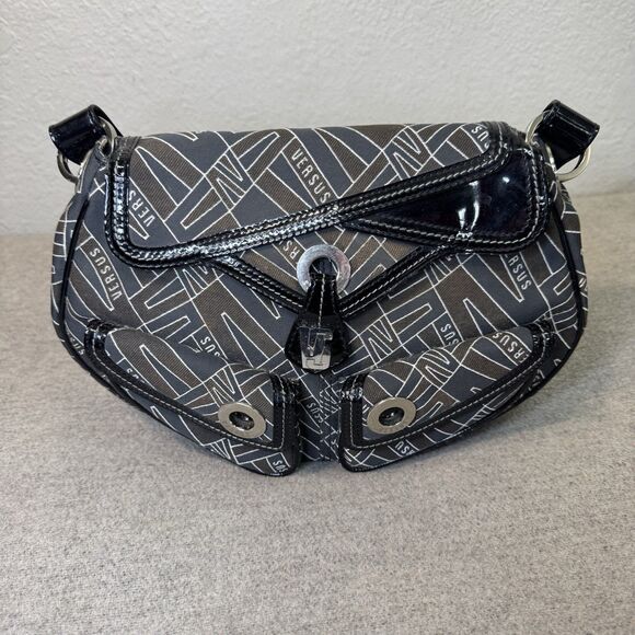 VTG Versace Versus Purse Black Monogram Canvas Patent Leather Accents 11x9 Y2K - Picture 1 of 12